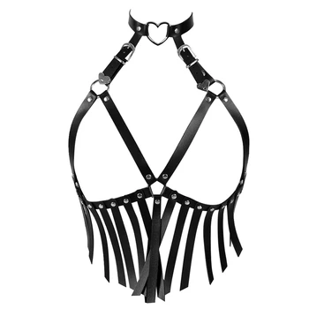 

PU Leather Harness Bra Sexy Black Tassel Hollow Out Adjust Punk Goth Body Bondage Festival Dance Halloween Rave for Women