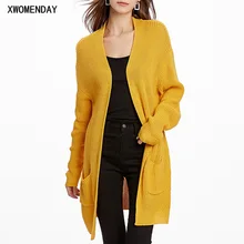 Женский длинный вязаный кардиган, Свитера с длинным рукавом, свободный свитер, пальто с карманами, новинка, женский желтый свитер, пальто, уличная одежда