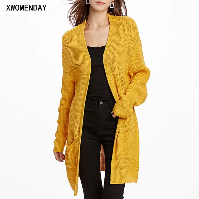 

Women Long Knitted Cardigan Sweaters Long Sleeve Loose Sweater Coats Pocket 2019 New Lady Yellow Sweater Coats Streetwear