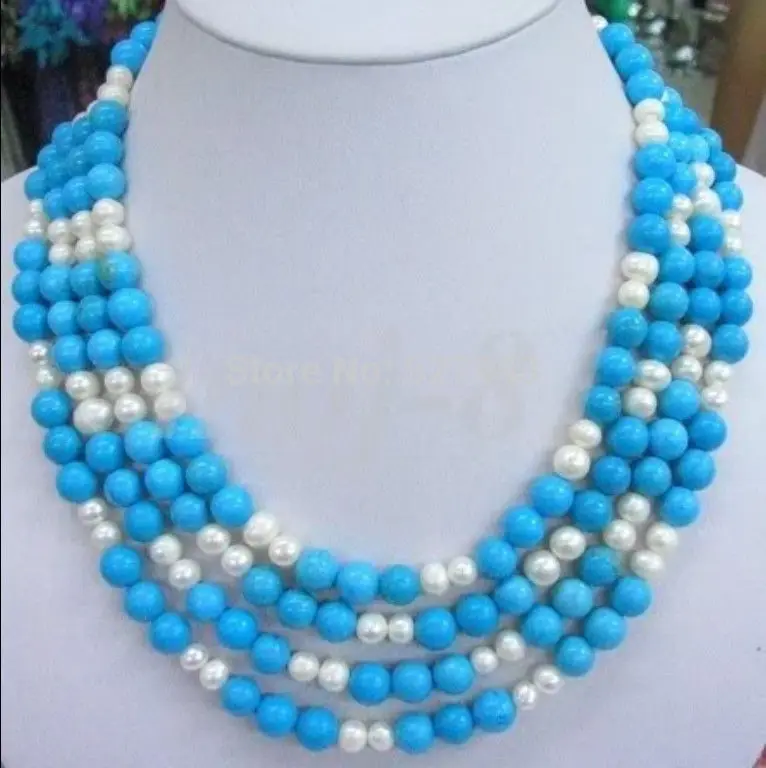 

Wholesale 4 STRANDS TURQUOISE&WHITE PEARL BEADED NECKLACE