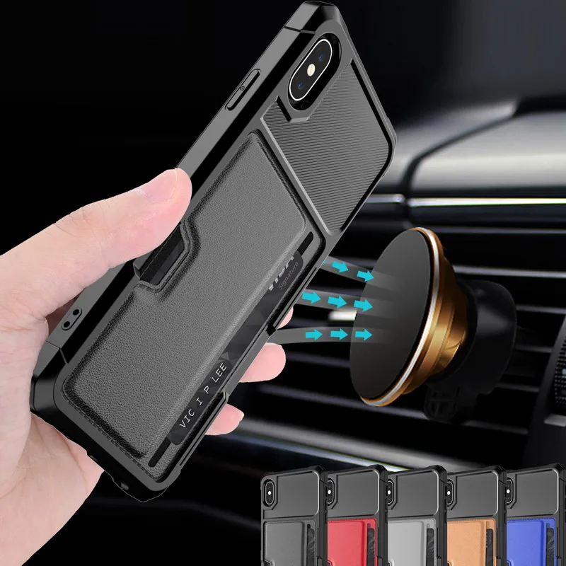 

Card Holder Pocket Case for iphone XR XS Max X 6 6s 7 8 Plus Magnetic Flip Back Protect Shockproof PU Silicone TPU Phone Cover