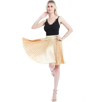 

2018 New Women Chiffon Pleated Skirts Fashion Women's High Waist Tutu Pleated Gold Color Big Swing Skirt Summer Style