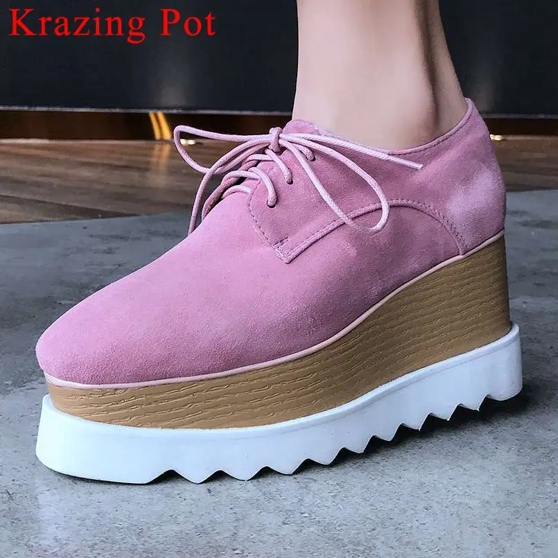 

2019 European Punk style plus size square toe waterproof high heels pumps natural leather lace up party dating casual shoes L23