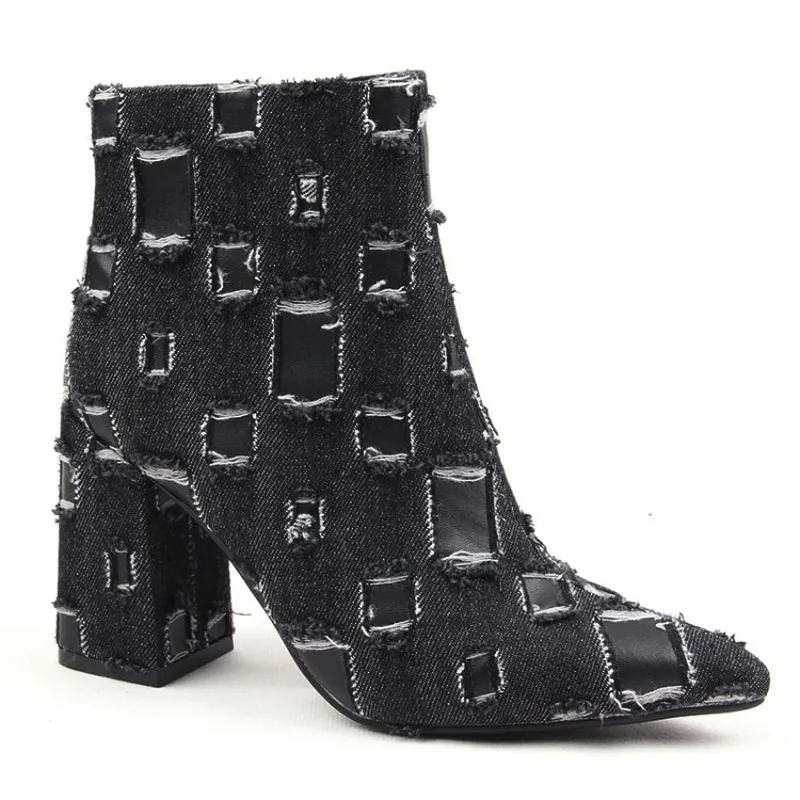 

US4-11 Womens Pointed Toe Denim Jeans Ripped Ankle Boots Chunky High Heel Side Zip Shoes Plus Size Black A991