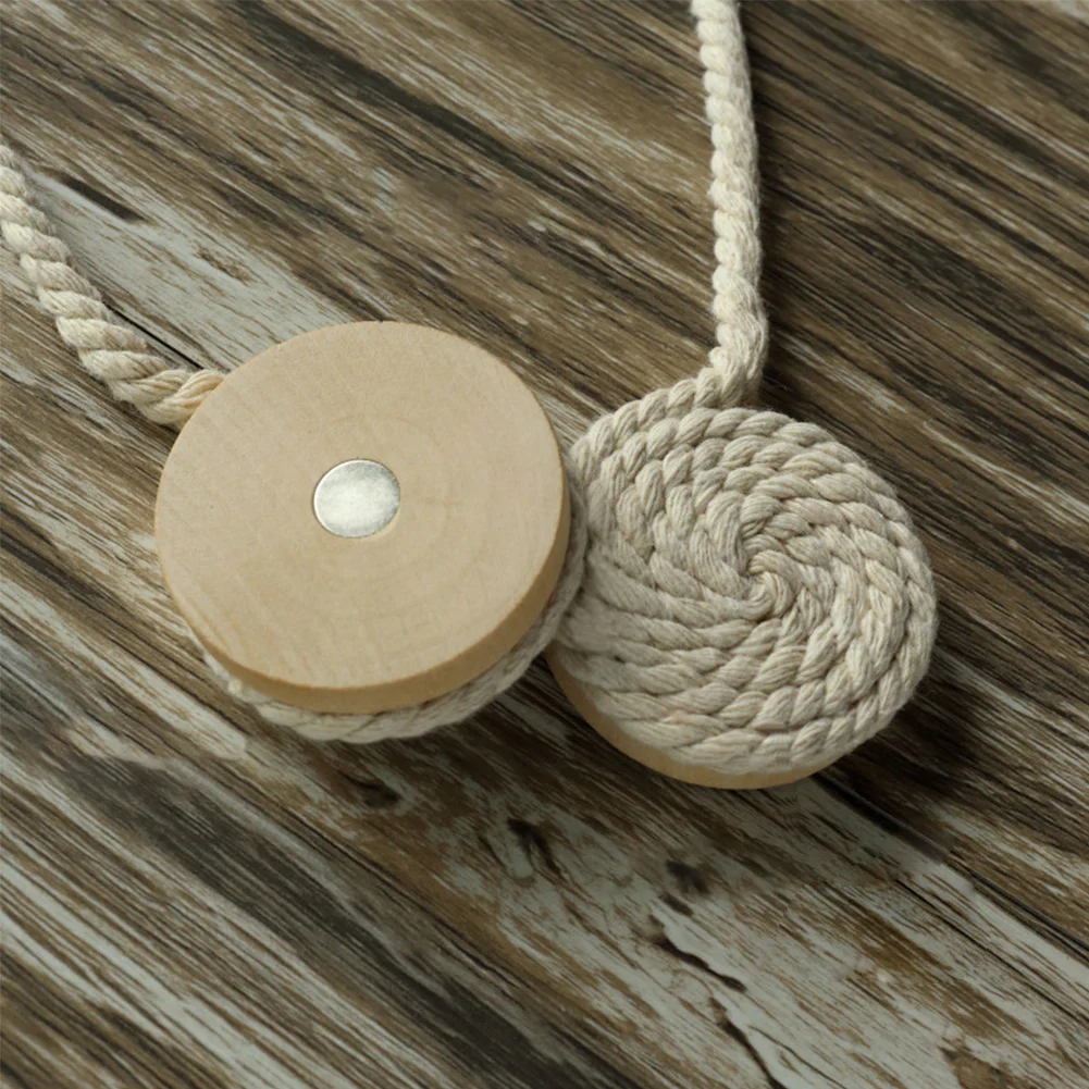 

Wood+Magnet +Cotton rope Pastorale Round Wooden Cotton Rope Curtains Tieback Magnet Curtains Holder Buckle Curtain Strap