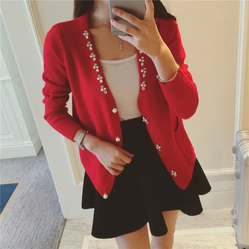 NiceMix 2017 Winter Elegant Cardigan Women Pearl Beading Slim Knitting Cardigans Pull Femme Casual Autumn Sweaters Coat