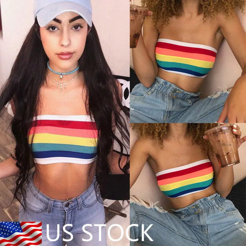 

Summer Women Ladies Tank Tops Rainbow Striped Sexy Off-shoulder Tube Crop Tops Strapless Bra Vests