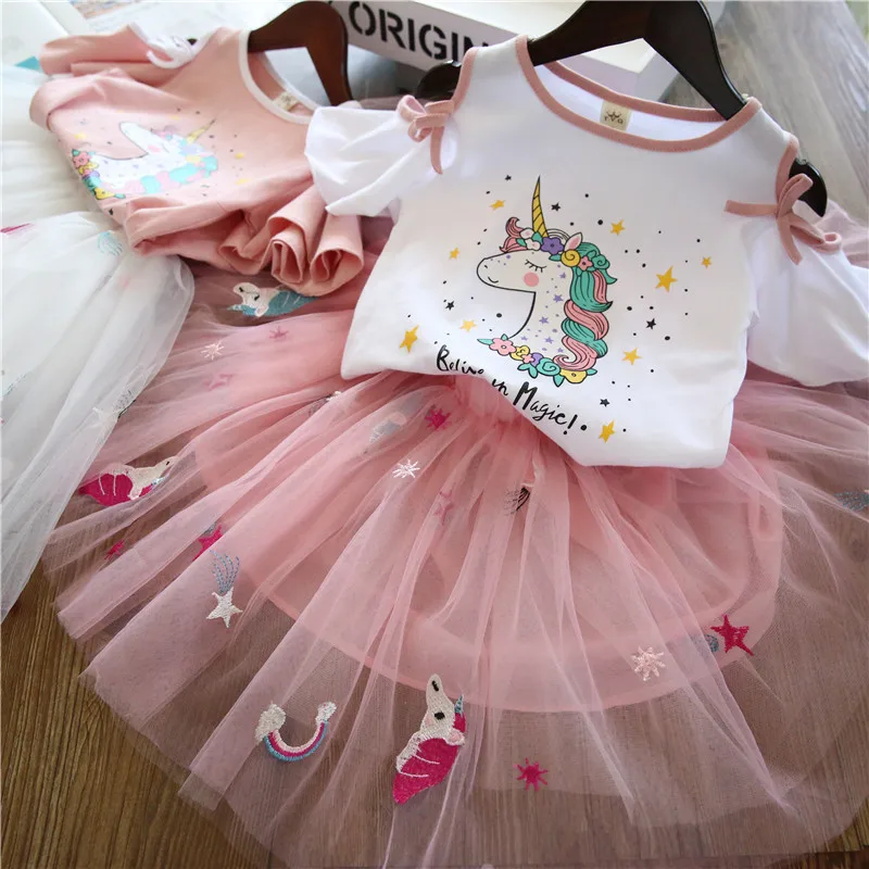

2PCS/set Children's suit 2019 summer new girls unicorn print short-sleeved T-shirt + fluffy skirt children clothing ball gown