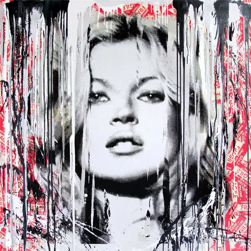

100%Handmade Mr Brainwash Oil Painting on Canvas Urban art Banksy Kate Moss Models 28x28