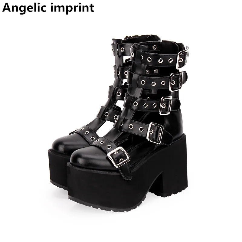 

Angelic imprint mori girl Women punk motorcycle shoes lady lolita ankle Boots woman high trifle heels pumps summer sandals 10cm