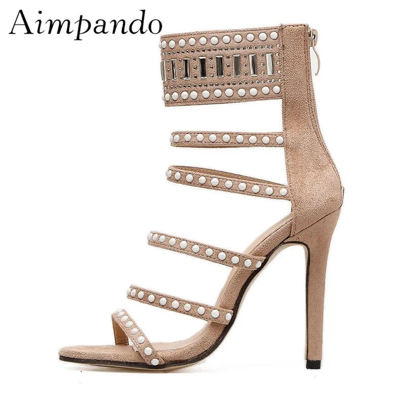 

Sexy Narrow Band Gladiator Sandals Women Thin High Heels Back Zip Open Toes Rhinestone Pearl Stage Sandalias De Mujer