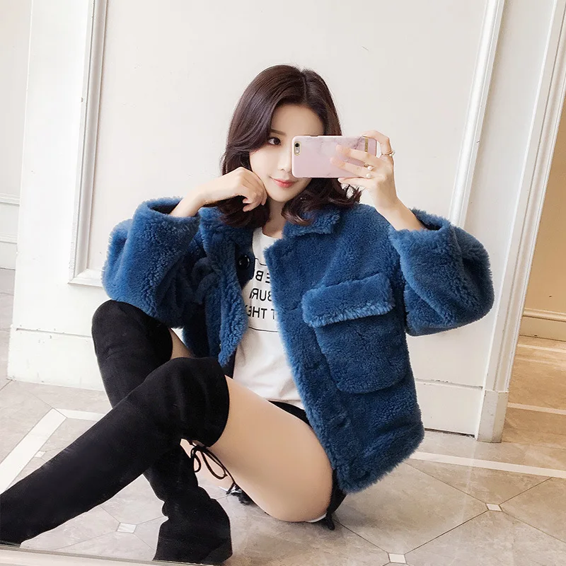 DUOUPA 2019 Lazy New Small Fashion Sheep Sheared Fur Coat Female Short Paragraph Dream Particles Gilded Square Collar Coat