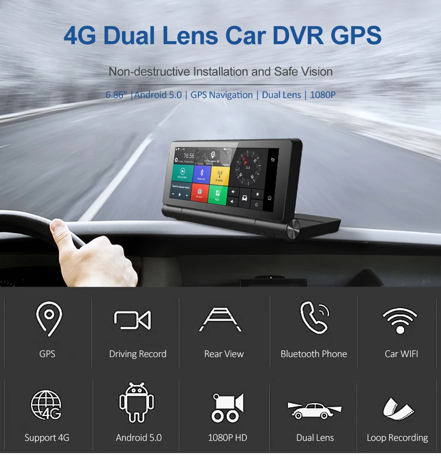 

5.0 car Android GPS DVR driving record Dual lens camera Navigator rear view And 4G/3G wifi and with phone bluetooth hands free