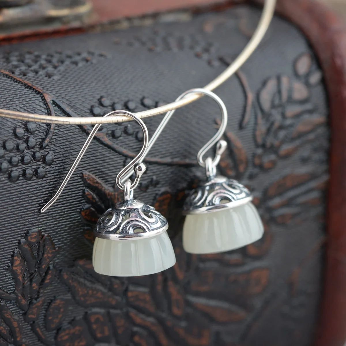 

White Jade Earrings Sterling Silver Inlay S925 wholesale jewelry gift new delicate female models