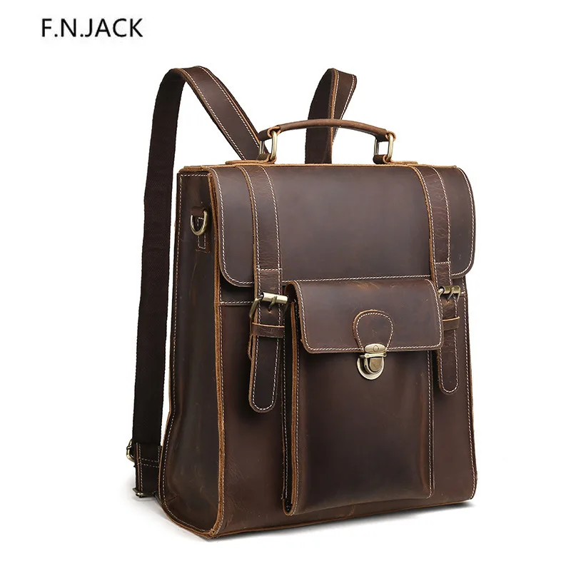 

F.N.JACK Retro Men's Leather Backpack Crazy Horse Large Capacity Backpack Top Layer Leather Outdoor Travel Backpacks knapsack