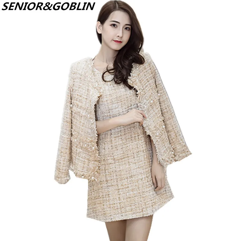 

2019 New Women Winter Runway Tweed 2 Piece Set Dress Designer Autumn Ladies Short Jacket Coat+Mini Tank Tassel Wool Blend Suits