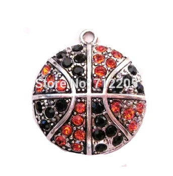 

New Arrival 50pcs antique silver color Basketball Orange and Black crystal sports Pendant(P10008)