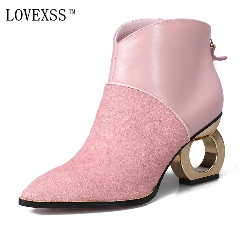 

LOVEXSS 2017 Winter Genuine Leather Boot Women Fashion Sexy Pointed Toe Short Plush Ankle Boots Gray Pink Bottines Cuir Femme