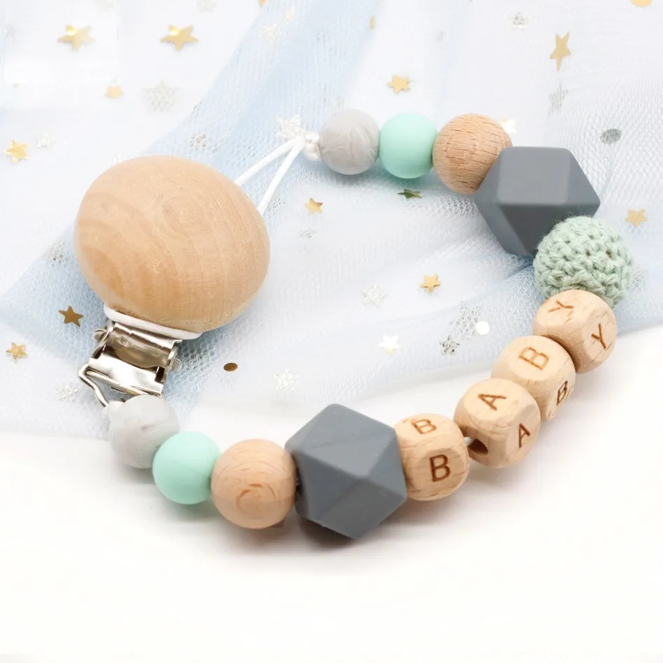 Dummy clip pacifier chain holder wood silicone bpa free baby newborn gift custom personalized name personalised beads beech