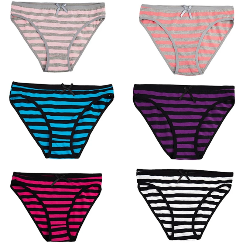 

KLV 6Pcs Women Girl Low Waist Bowknot Bandage Stripe Underwear Cotton Blend Pantie Briefs Intimates Panties Ramdon color