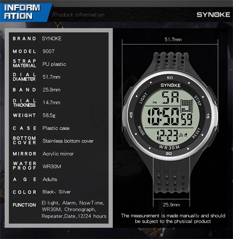 SYNOKE мужские цифровые часы, высокое качество, черные, для спорта на открытом воздухе, электронные, большой циферблат, противоударные часы, модные, водонепроницаемые часы