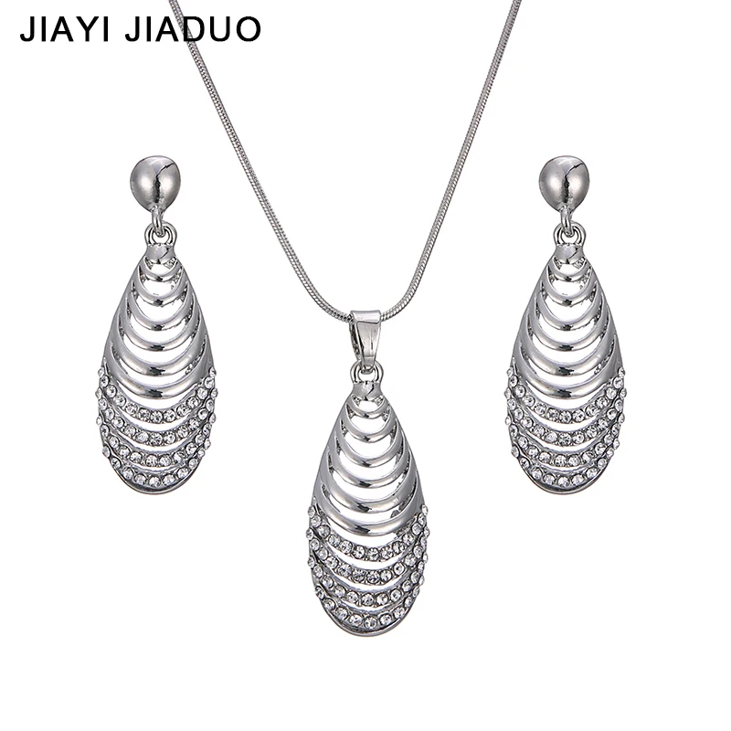 

jiayijiaduo Charm Wedding Women Jewelry Silver Necklace Earrings Set Rhinestone Pendant For Gift Party Costume Accessories