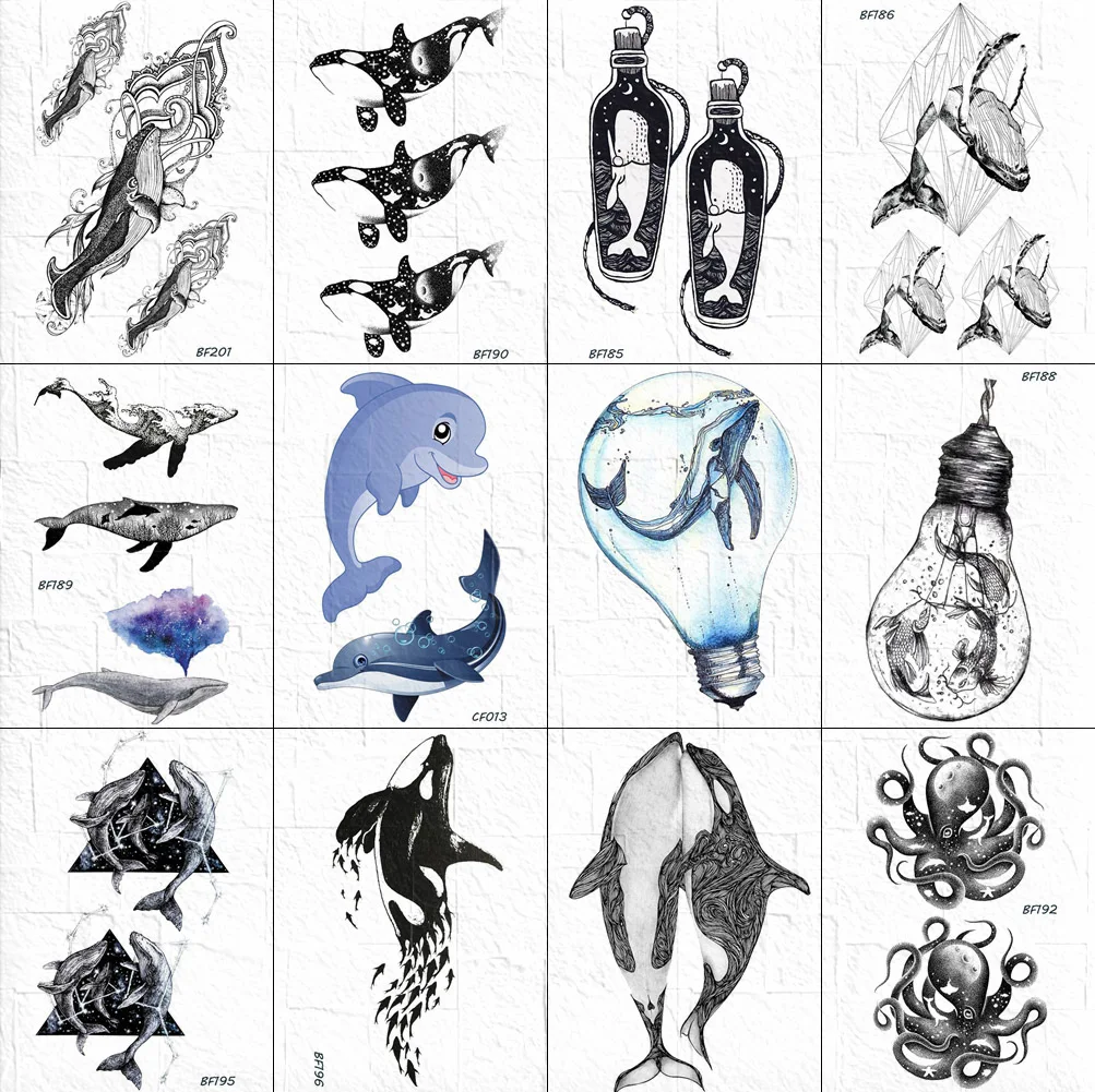 

3D Black Fake Tattoos Stickers Cartoon Whale Bulb Women Body Arm Tattoos Temporary Girls Dolphin Chest Neck Tatoo Supplies Ocean