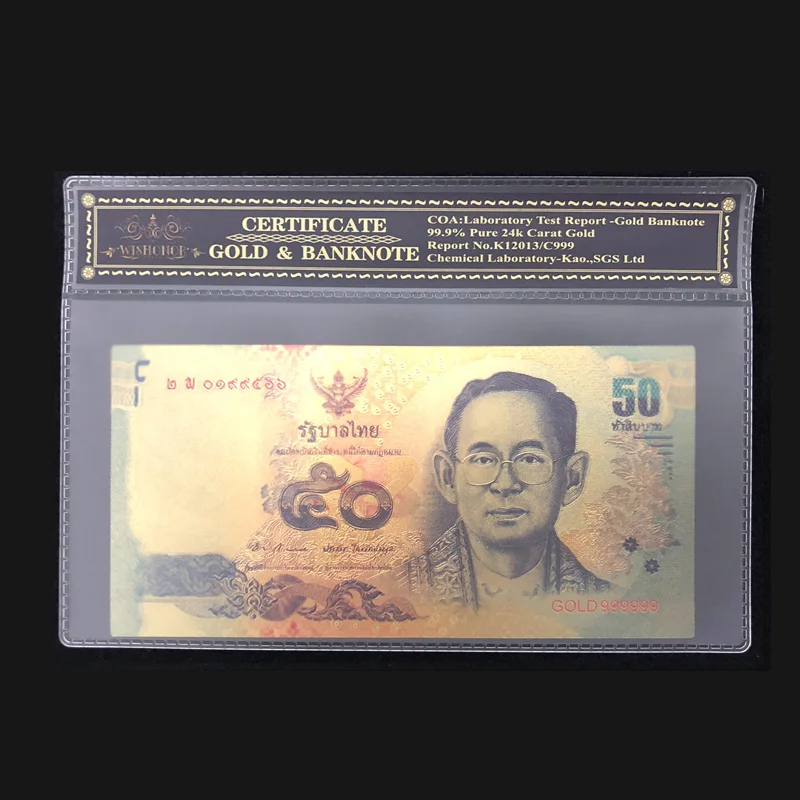 Новые продукты для Таиланда золото банкнота 100 Baht банкнота тайское позолоченное с 99.9% металлическим чистым золотом "COA" для коллекции - Цвет: 50