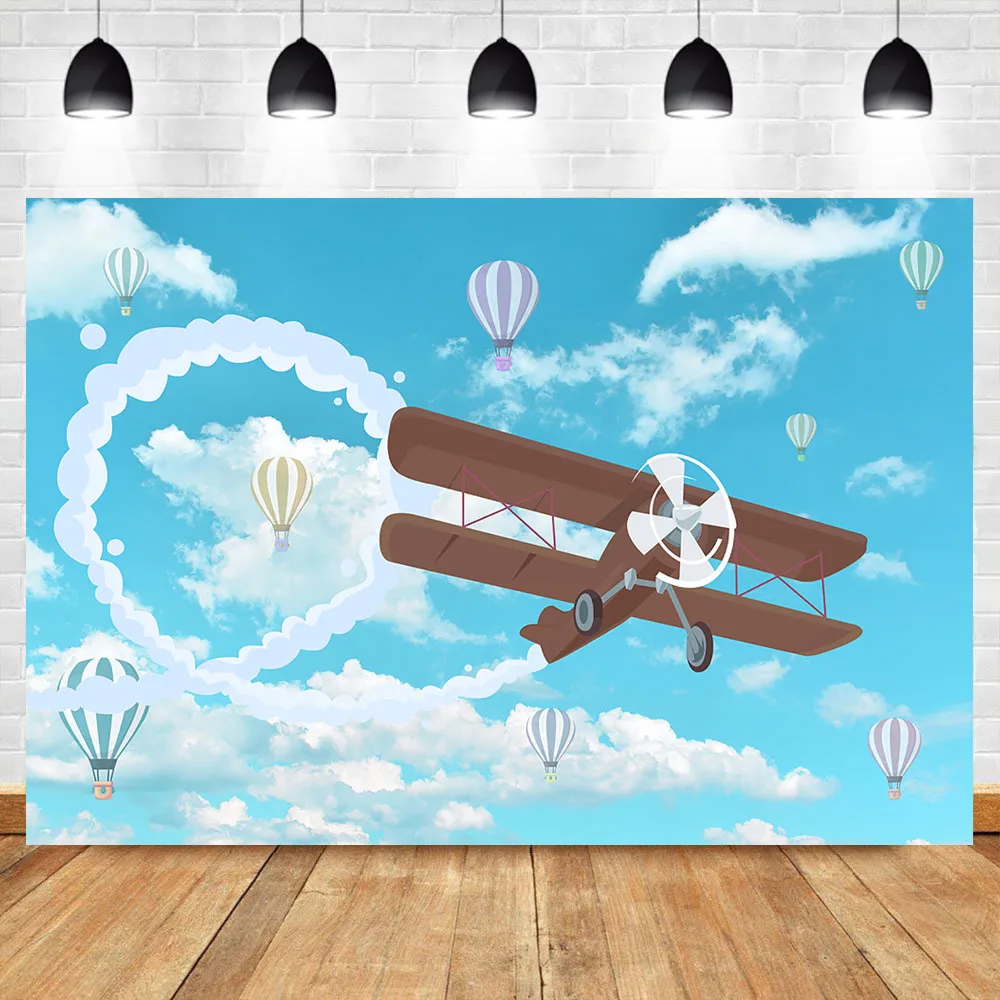 

NeoBack Newborn Baby Shower Photography Backdrop Aircraft Hot Air Balloons Party Photo Background Decoration Banner