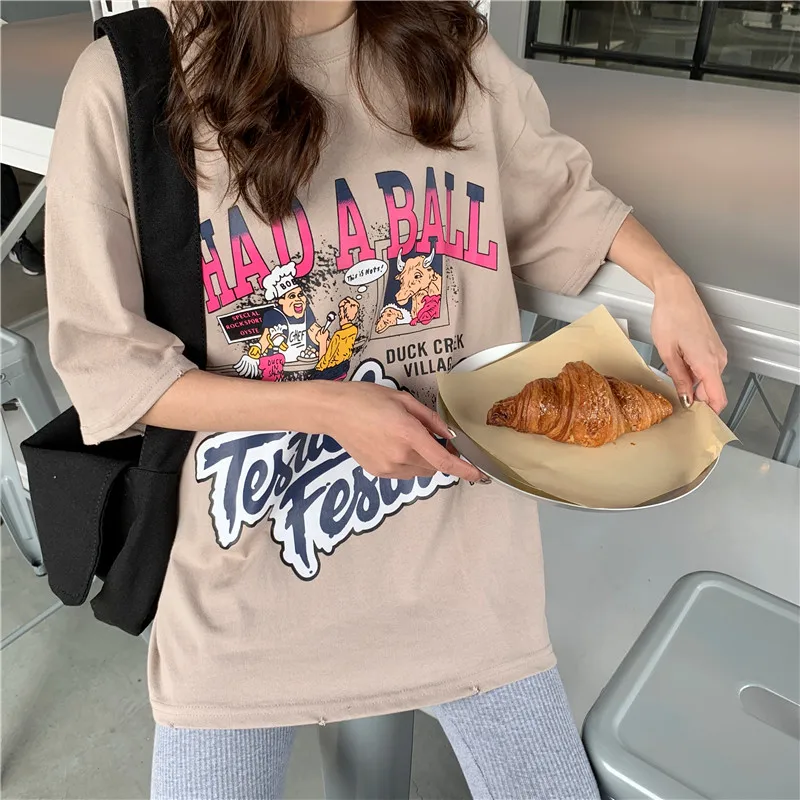 Для женщин футболки Harajuku Ulzzang студент свободные Письмо печати хип хоп шикарная