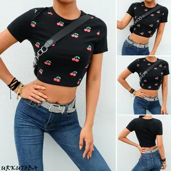 

2019 NEW Fashion Summer Women Casual Tops Pullover Short Sleeve O-Neck Cherry Print T-shirt Tops