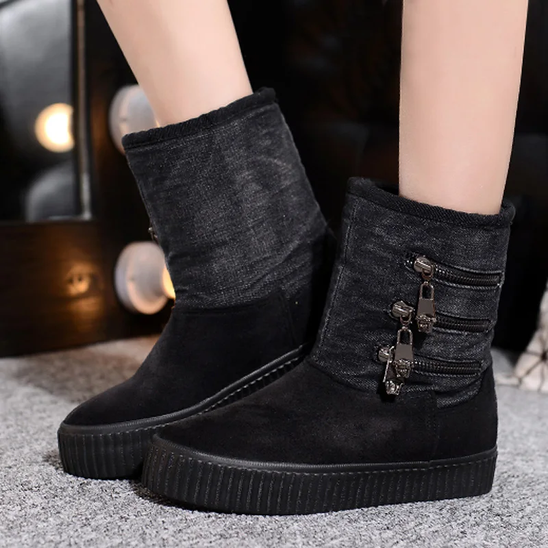 

Women Mid Calf Boots Winter Warm Fur Denim Snow Boots Zippers Thick Soled Plush Shoes Woman Ladies Creepers Non-slip Blue black