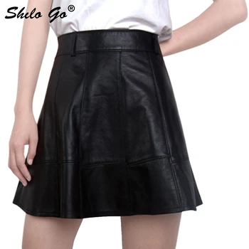 

Leather Skirt Womens Autumn Fashion sheepskin genuine Leather Skirt concise loose A Line sexy black high waist skirts