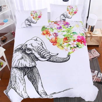 

3Pcs Animal White Brand Bedding Sets Elephant 3D Luxury Duvet Cover Comforter Cover Queen King full Twin Size flowers bedclothes
