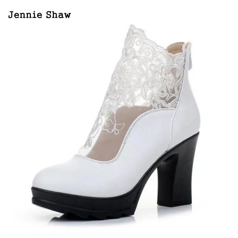 

Spring Autumn Genuine Leather Boots Sexy Net Head Cowhide Thick Heel Ankle Boots Women's Shoes Sys-682