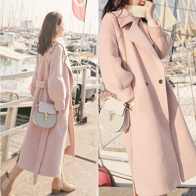 

New Autumn Winter Women Coat Plus Size Fashion Turn-Down Collar Lantern Sleeve Solid Woolen Blends Coat For Women Outerwear Coat