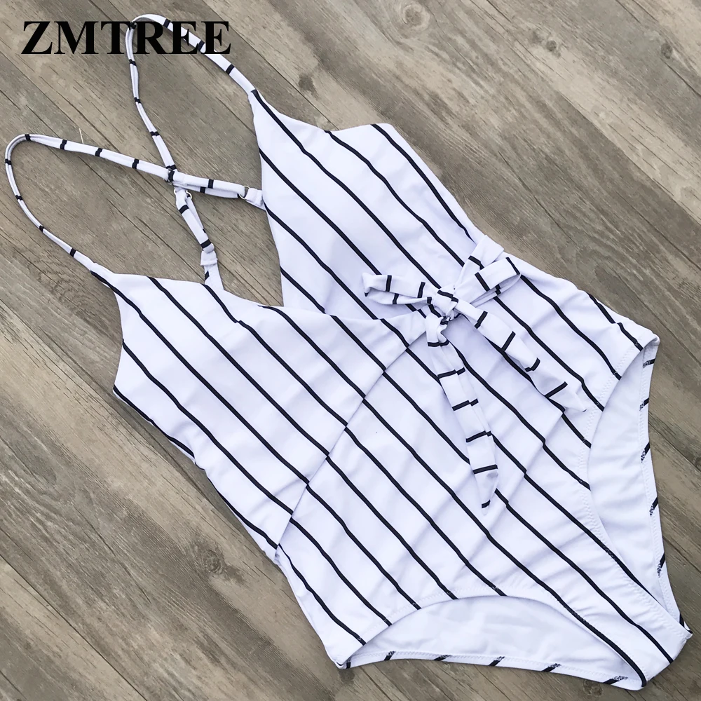 ZMTREE полосатый купальник 2018 пляжный купальный костюм женский слитный на шнуровке