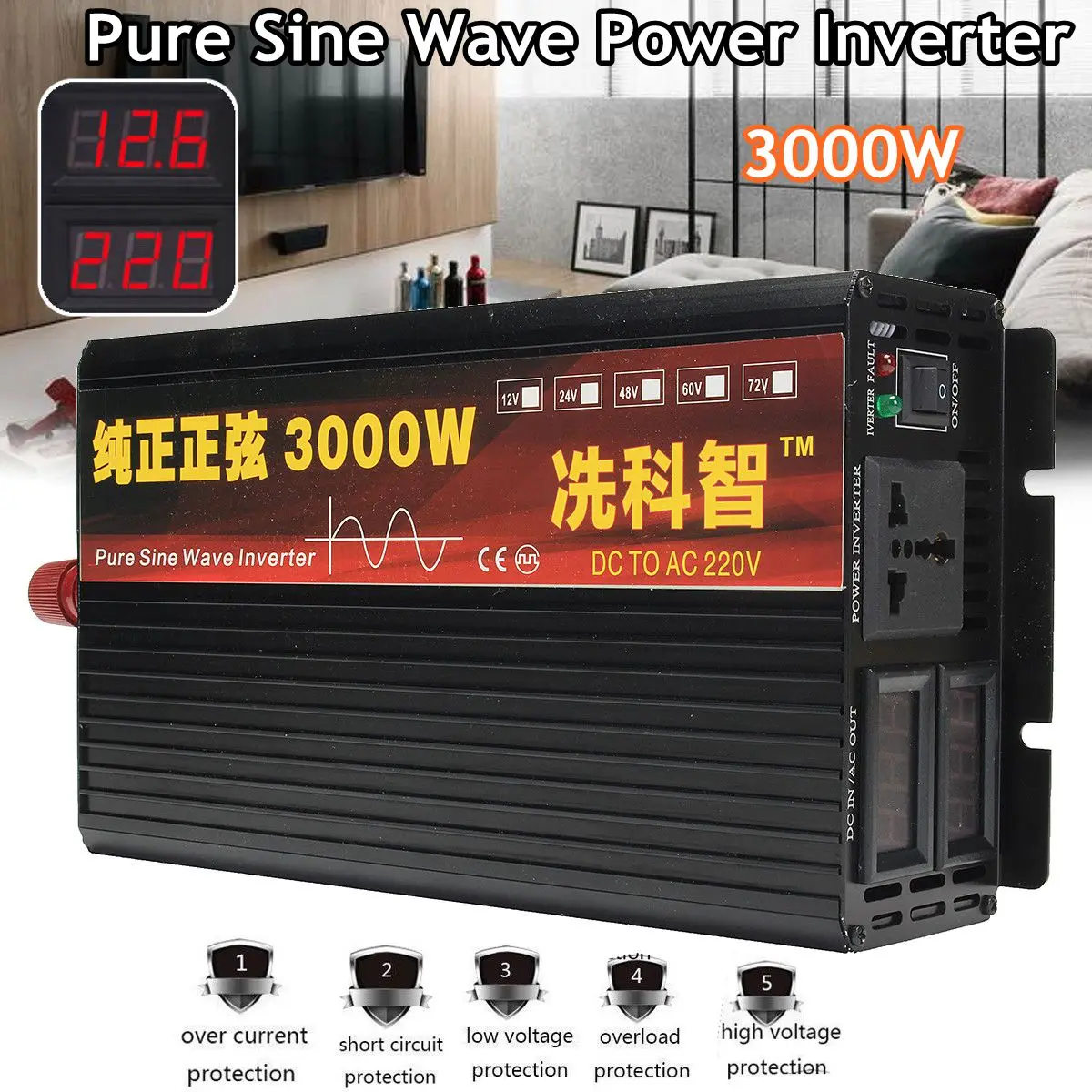 

Inverter 12V/24V 220V 2000/3000/4000W Voltage transformer Pure Sine Wave Power Inverter DC12V to AC 220V Converter+2 LED Display