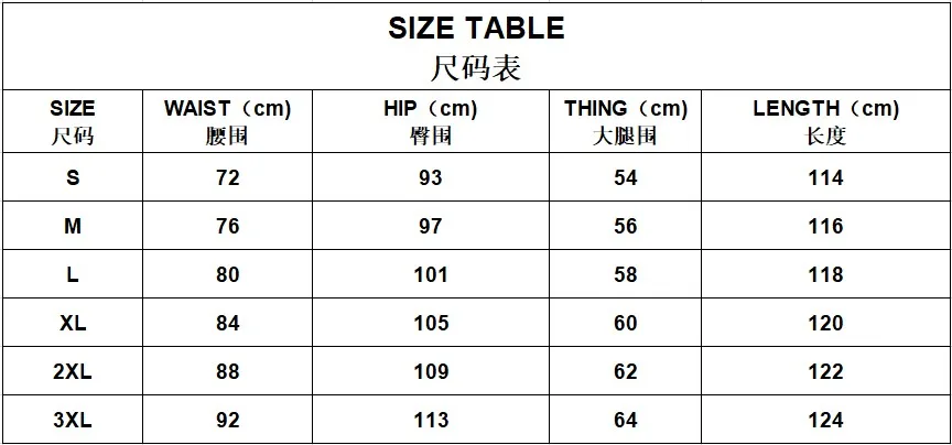 SIZE TABLE