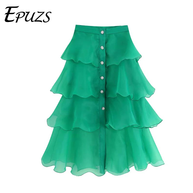 

Fashion green ruffle long skirt womens summer skirt Streetwear buttons chiffon high waist skirts korean fashion jupe femme