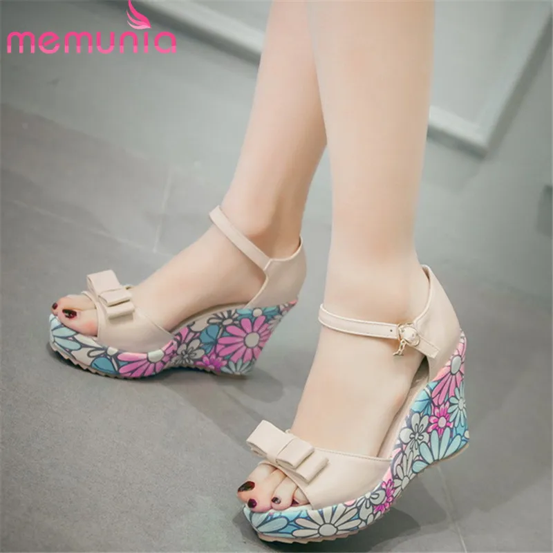 

MEMUNIA 2019 hot sale women sandals peep toe sweet summer shoes buckle bowknot platform shoes comfortable wedges shoes woman