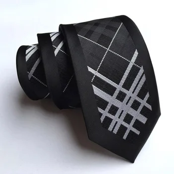 

6cm Unique Skinny Tie Designer Panel Necktie Black Border with White Plaids Stripes Ties