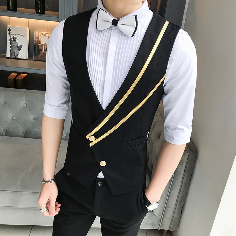 

Fashion British Style Oblique Pull Bar Single Row Buckle Vest Waiter Nightclub Vest Work Clothes Vest Man 2019 Chaleco Hombre