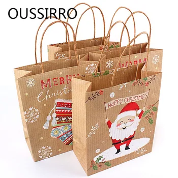 

2020 New 4PCS Creative Christmas Kraft Paper Gift Bag Kawaii Santa Claus Elk Candy Chocolate Cookies Bag Merry Christmas Square