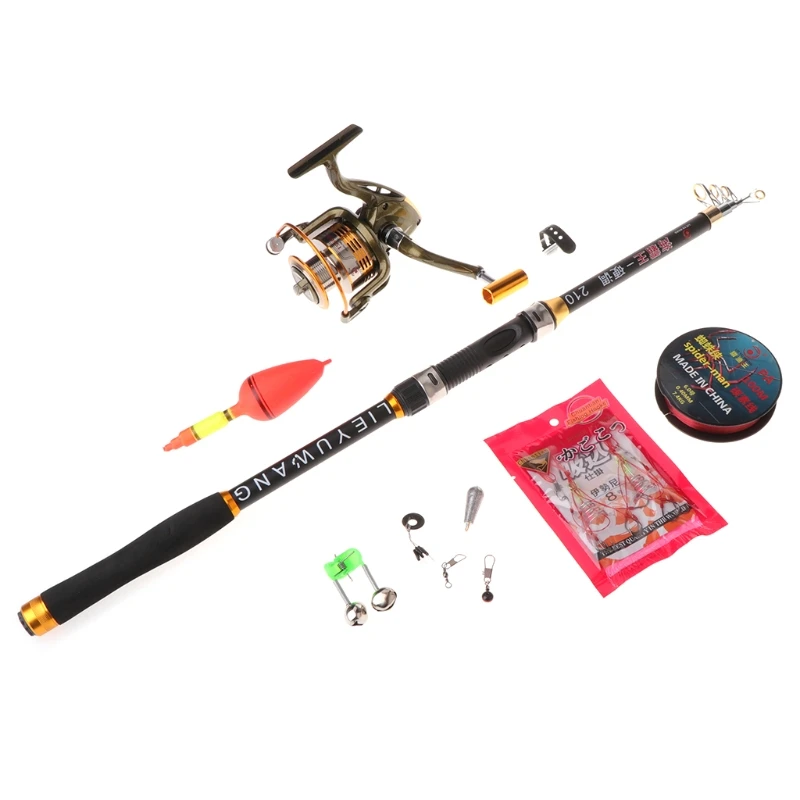 

1 Set Fishing Tackle Rod Pole Gold Reel Line Lure Sinker Spinning Kit Tool 2.1m