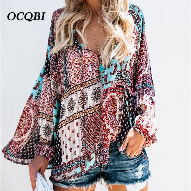 

2019 Women Summer Blouse Chiffon Print Korean Fashion Clothing Long Sleeves Loose Shirts Plus Size