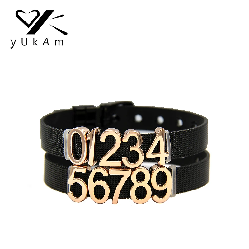 

YUKAM Rose Gold 10mm Sliders Digital Number 0-9 Slide Charms Keeper for Mesh Bracelets Wristbands Necklaces DIY Jewelry Making