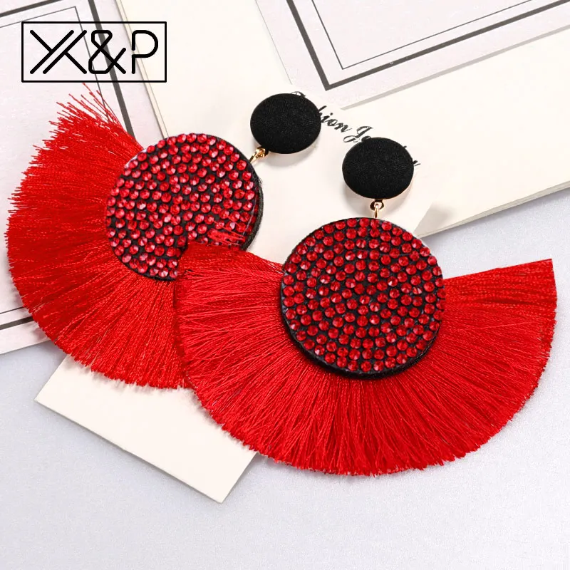Red X& P модные богемные большие серьги с кисточками и кристаллами, черные, белые, красные шелковые висячие серьги с ниспадающими кисточками для женщин, ювелирные изделия - Окраска металла: Red