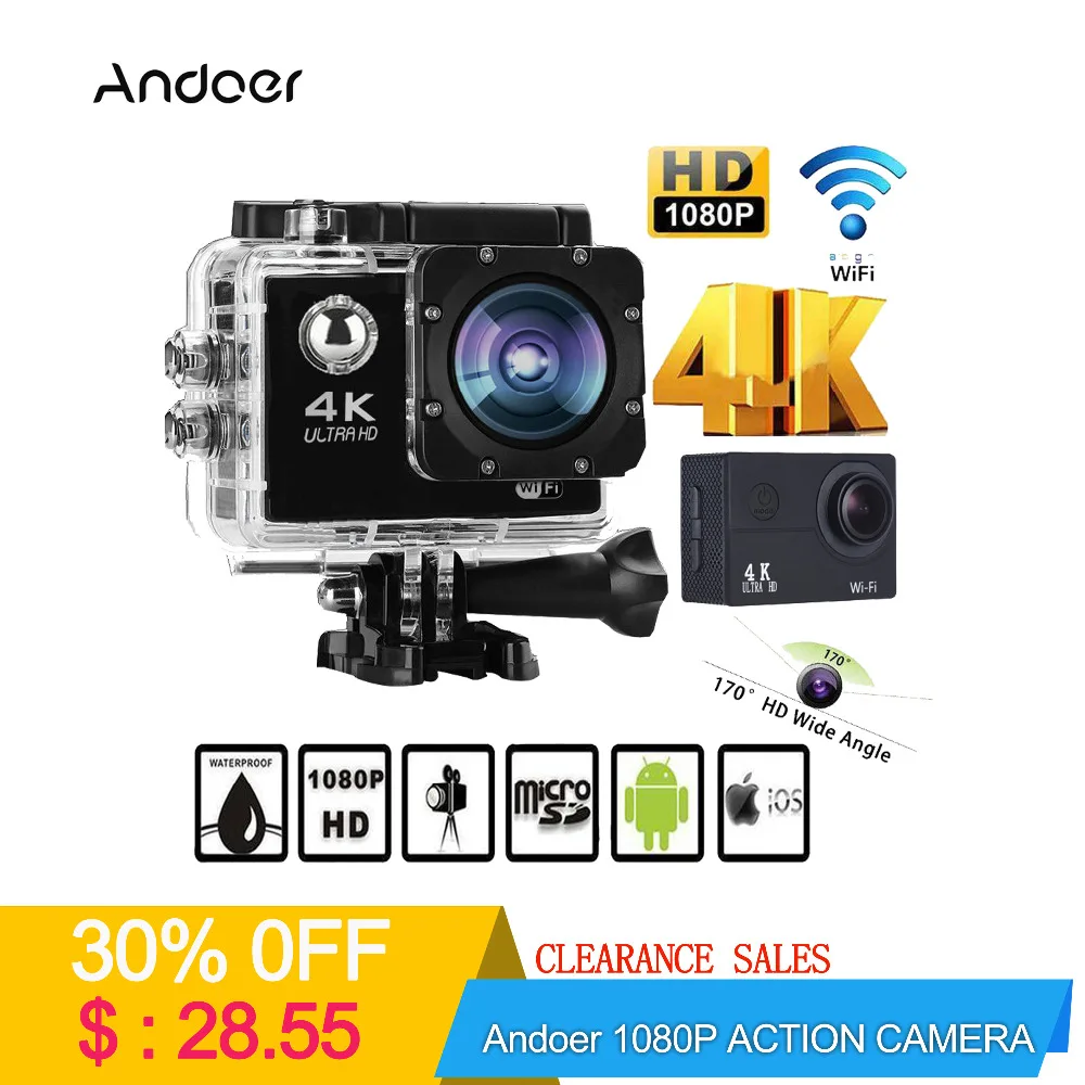 

Andoer Action Sports Camera 1080P Full HD 4X Digital Zoom Diving 40m Wide Angle Lens 2" LCD Support Slow Motion Photography