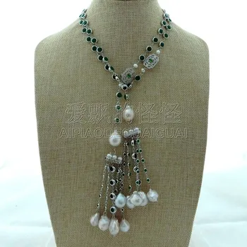

N073014 43" White Keshi Pearl Green Crystal Pave Chain Necklace